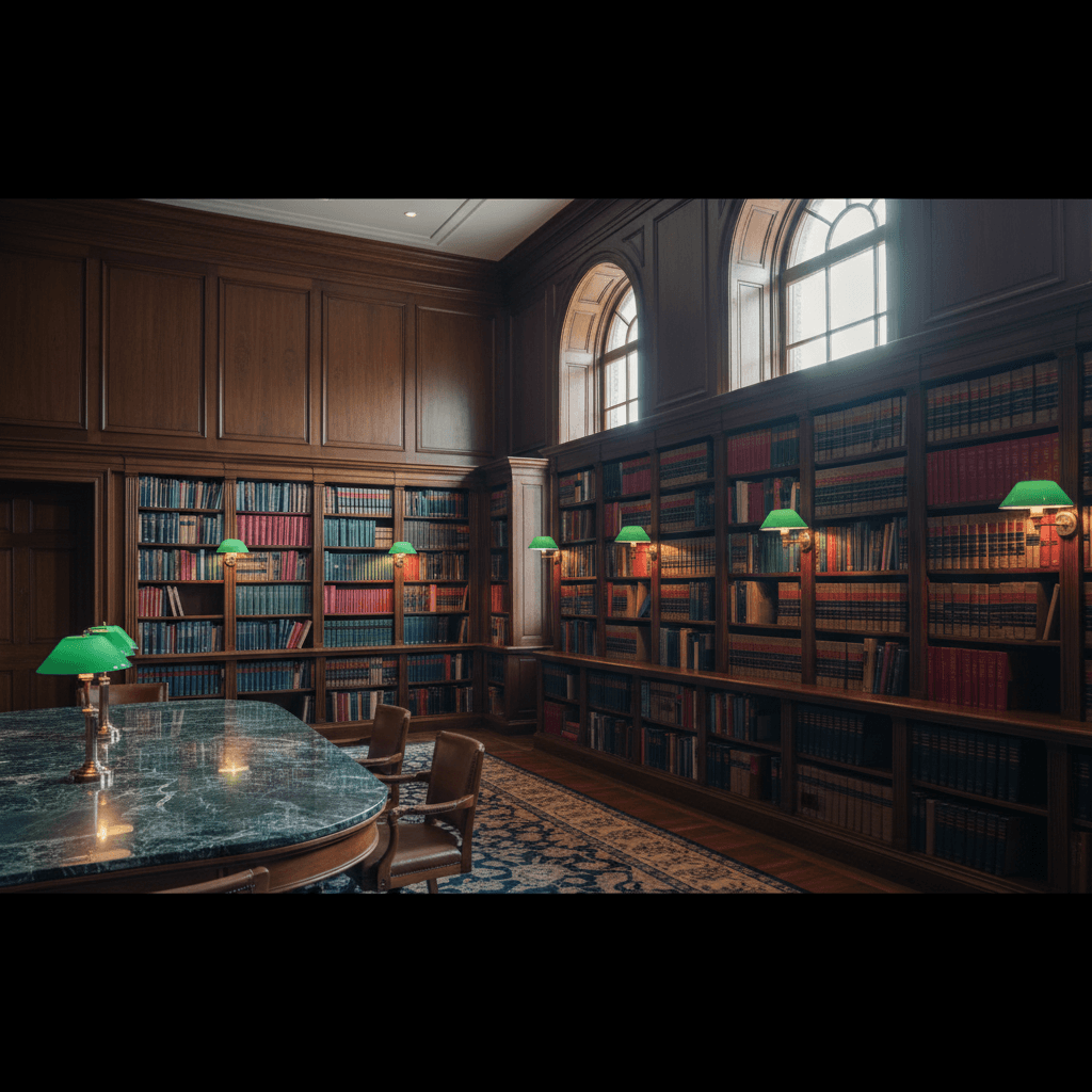 Wood-paneled law library with brass fixtures